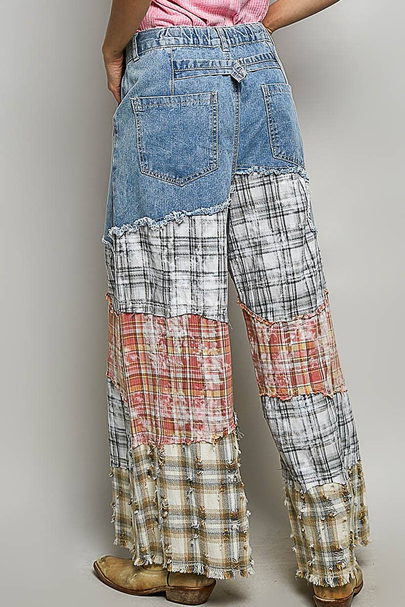 Patchwork buckle back pants