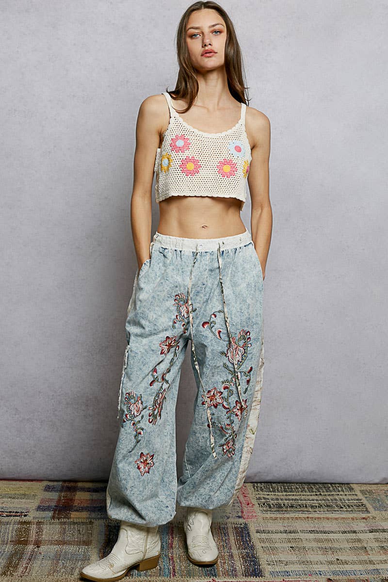 Floral Embroidery Denim Jogger Pants