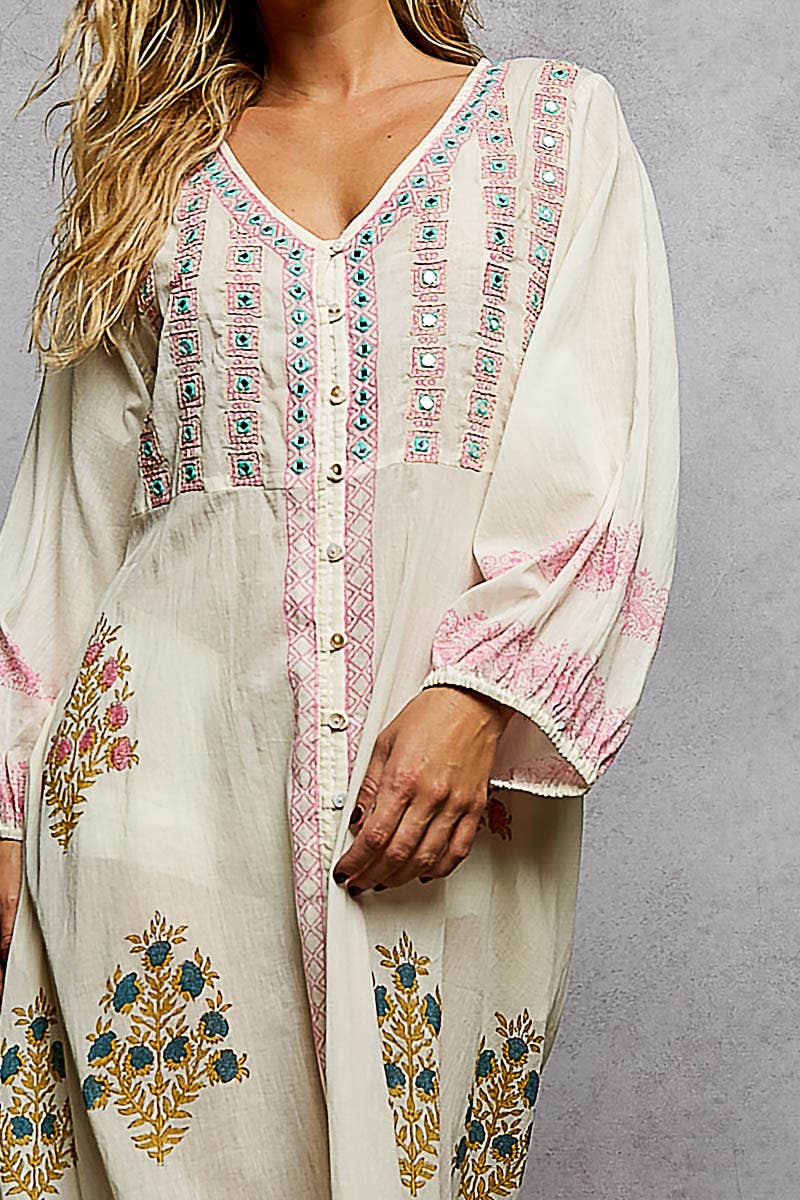 Embroidered Balloon Sleeve Maxi Dress