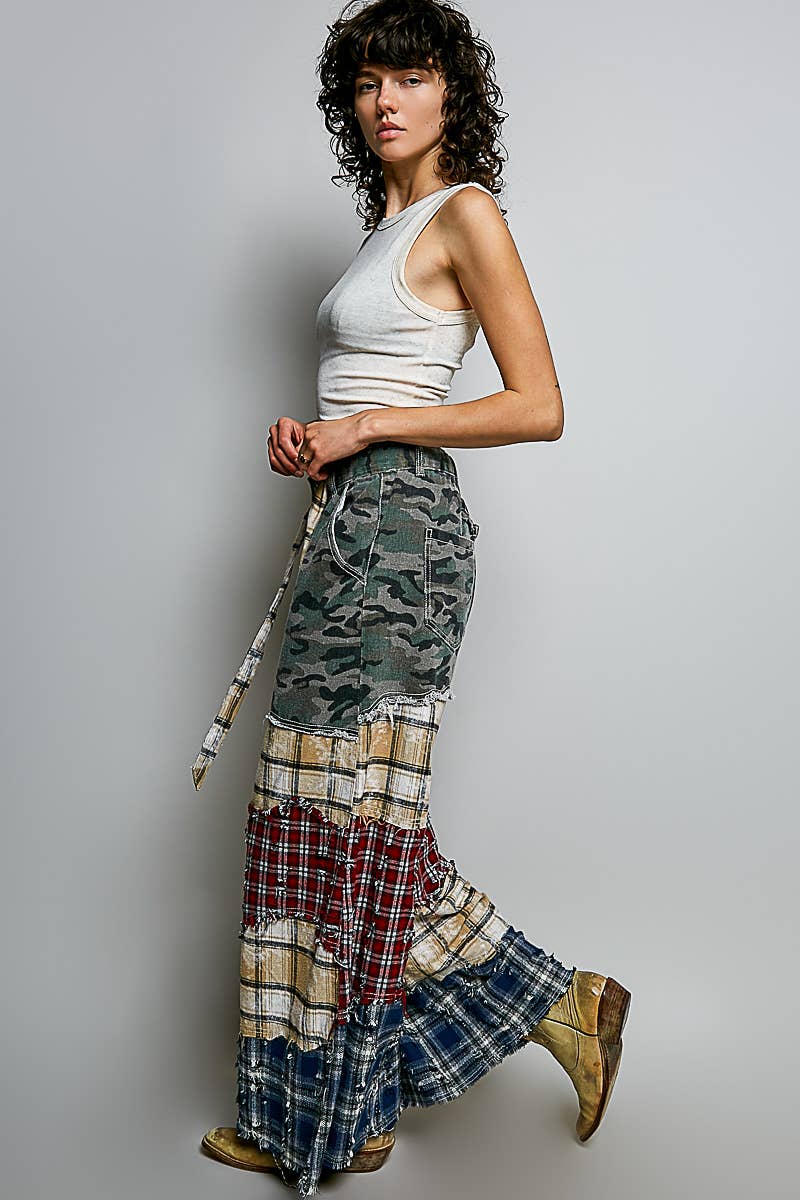 Patchwork buckle back pants
