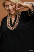 Leopard Trim V-Neck Puff Sleeve Blouse